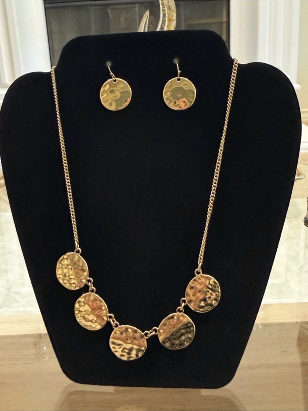 Gold Textured Hammered Disc Statement Necklace & Drop Earring Set